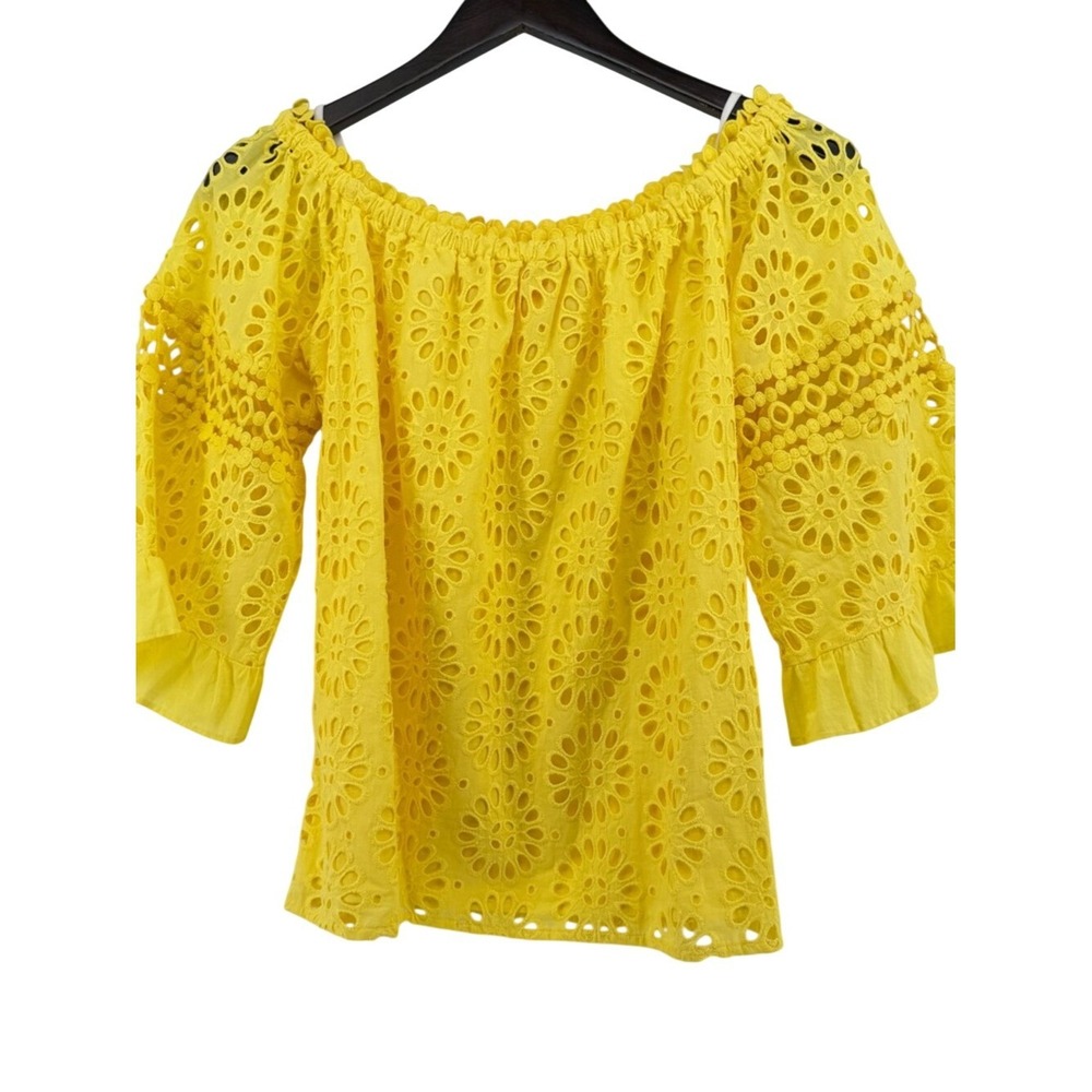 Lilly Pulitzer Yellow Floral Eyelet Off the Shoulder Ruffle Sleeve Top Small